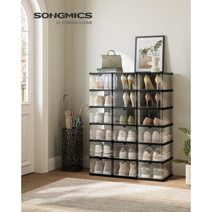 SONGMICS шафа для взуття, набір з 18 прозорих боксів, складаний органайзер для взуття до 46 розміру, швидке складання, біло-чорний