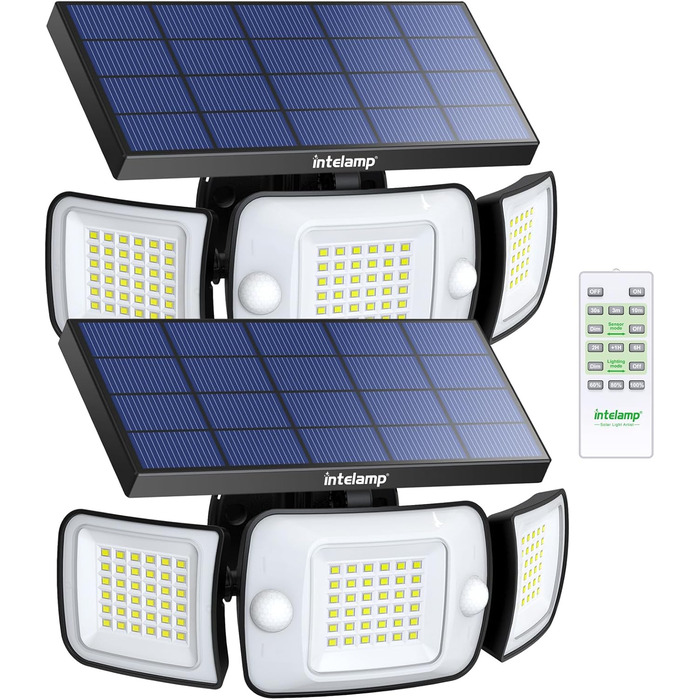 Сонячна LED лампа INTELAMP для вулиці з датчиком руху, 6000 мА·год, 1200 Лм, 270° широкий кут, IP65, з пультом, біле світло, 2 шт.