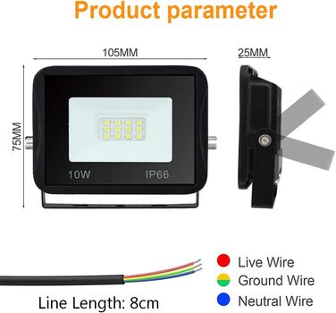 LED прожектор для вулиці 10W, 10 шт, IP66 водонепроникний, 8500Лм, холодне біле світло 6000K, кут 120°, для зовнішнього та внутрішнього використання
