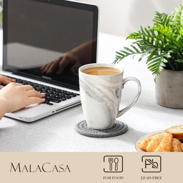 Набір порцелянових кухлів MALACASA REG 560 мл, 6 шт, мармурово-сірі, великі чашки для кави, чаю, капучино, какао, з ручкою, підходять для посудомийної машини та мікрохвильовки