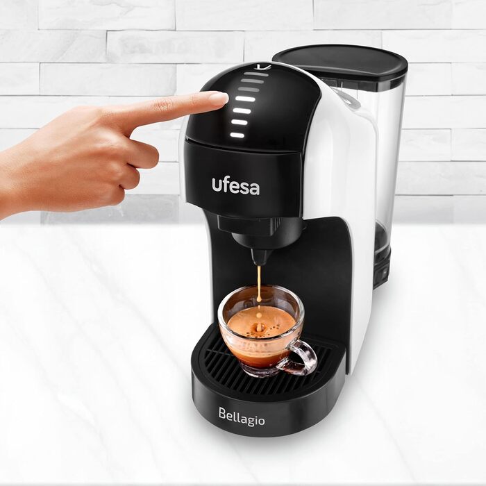 Кавомашина Ufesa Bellagio 3-в-1 для капсул Nespresso, Dolce Gusto та меленої кави, сенсорна панель, 7 рівнів, резервуар 1 л, 1400 Вт, 15 бар, компактна
