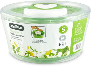 Сушарка для салату Zyliss Easy Spin 2, 6 л, пластикова, зелена, з чашею, технологія Aquavent