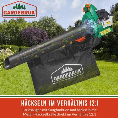 Бензиновий садовий пилосос 4-в-1 GARDEBRUK: повітродув, подрібнювач, збірник листя, швидкість 68 м/с, мішок 45 л, інструменти в комплекті
