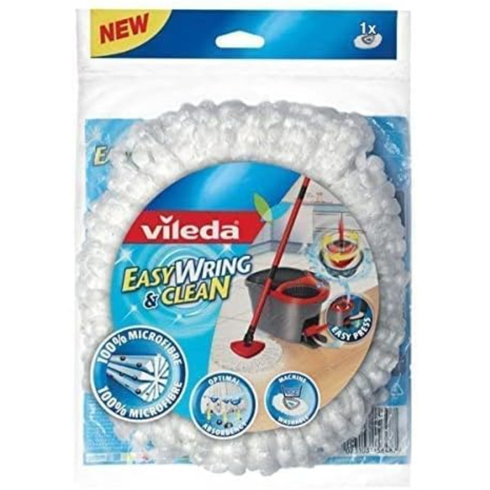 Насадка для швабри Vileda Turbo Easy Wring & Clean Classic, змінна, 3 шт, для всіх твердих підлог, видаляє понад 99% бактерій лише водою