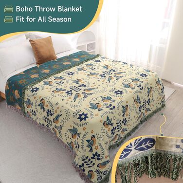 Двосторонній плед Boho 100% бавовна 200×230 см, мусліновий покривало для дивану, крісла та ліжка, м'який і затишний, синьо-бежевий