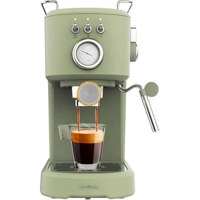 Кавоварка Cecotec Power Espresso 20 Pecan, 1100 Вт, 20 бар, термоблок, манометр, 1,25 л, зелена, з паровою насадкою та подвійним фільтром