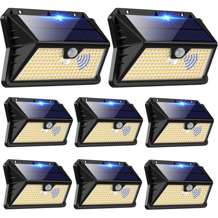 Сонячні LED ліхтарі для вулиці з датчиком руху, 185 LED, 3 режими, IP65, водонепроникні, для стін, саду, двору, гаража, вхідних дверей, холодне/тепле світло, 8 штук