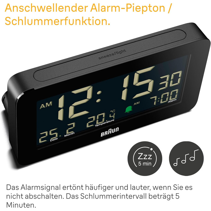 Цифровий годинник Braun BC10B з будильником, датою, місяцем, термометром, LCD-дисплеєм, швидким налаштуванням, чорний