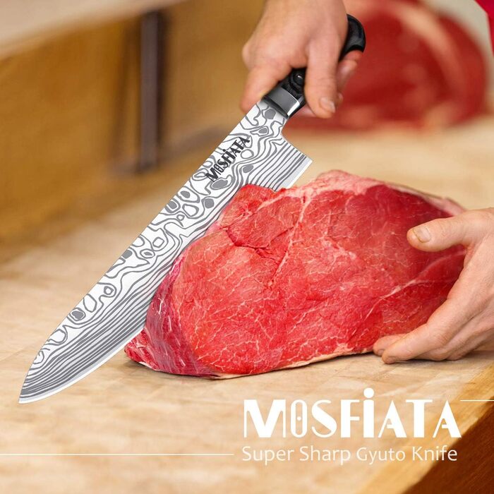 Професійний кухонний ніж MOSFiATA 10'' з німецької сталі EN.4116, надгострий, для м'яса та овочів, з мікарта-руків'ям і захистом пальців у подарунковій коробці