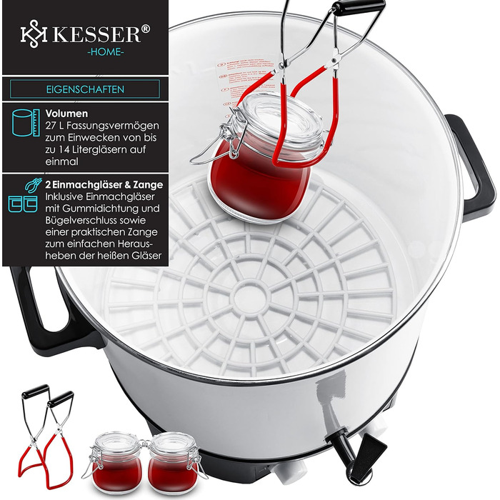 Автомат для консервування KESSER 27 л, нерж. сталь, 1800 Вт, 30-100°C, з функцією постійної роботи та автоотключення, для напоїв і глінтвейну, із щипцями та 2 банками