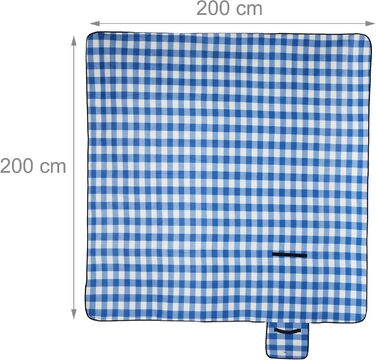 Пікнік-ковдра Relaxdays XXL 200x200 см, фліс, водонепроникна, теплоізоляційна, з ручкою, кольорова клітинка, синьо-біла