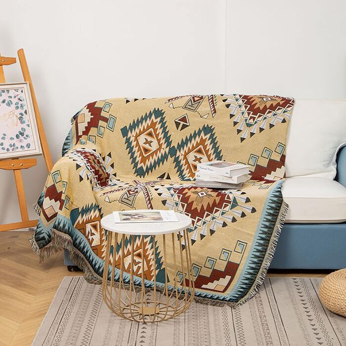 Плед Boho для дивана 130×180 см, в'язаний плед з китицями, декоративний накидка для ліжка, дивана та крісла