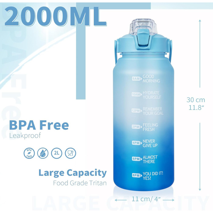 Спортивна пляшка для води 2л Tritan з трубочкою та часовою розміткою, BPA-free, мотиваційна, для фітнесу, спортзалу, туризму