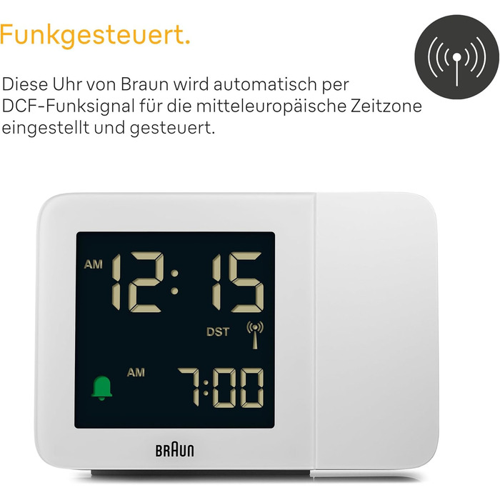 Проекційний радіо-годинник Braun BC15W-DCF з негативним LCD-дисплеєм, DCF, швидке налаштування та звуковий будильник, білий