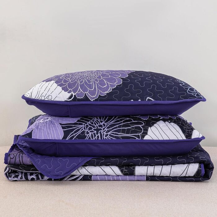 Покривало WONGS BEDDING 220x240 см, лілове, квітковий принт, мікрофібра, літнє стьобане покривало для двоспального ліжка + 2 наволочки 50x75 см