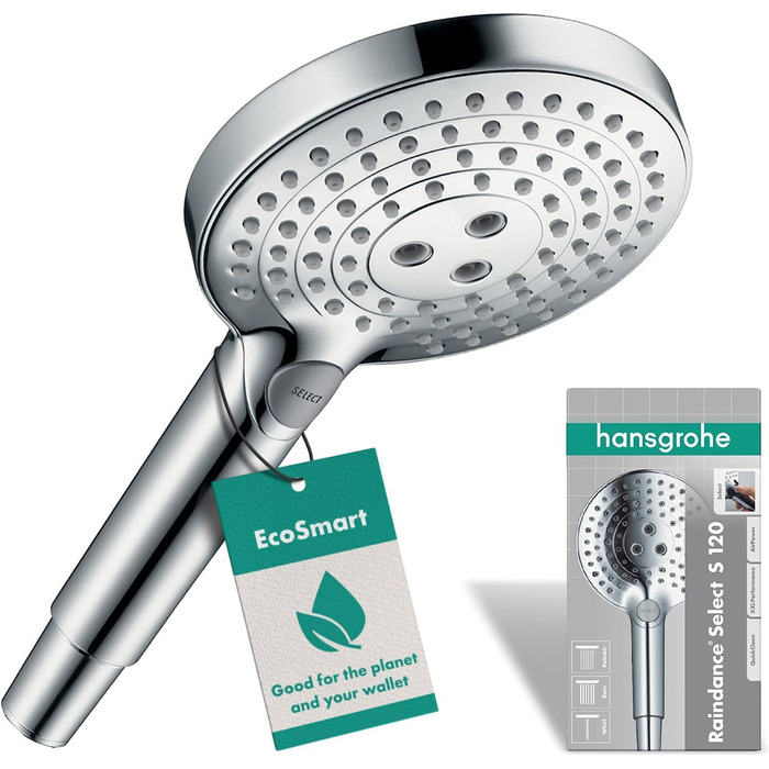 Душова лійка hansgrohe Raindance Select S, економна 9 л/хв (EcoSmart), ручна, 3 режими струменя, кругла (⌀120 мм), антикальк, хром