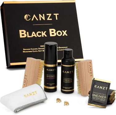 Преміум набір для чищення кросівок Canzt Black Box – для замші, нубуку, шкіри та текстилю, з засобом для взуття, серветкою, щітками, вологими серветками та дезодорантом