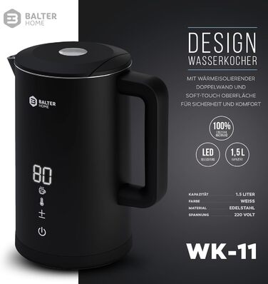 Електрочайник Balter з нержавіючої сталі, регулювання температури 40-100°C, подвійні стінки, BPA Free, 1,7 л, чорний, WK-5-Touch (5 температурних режимів, LCD-дисплей)
