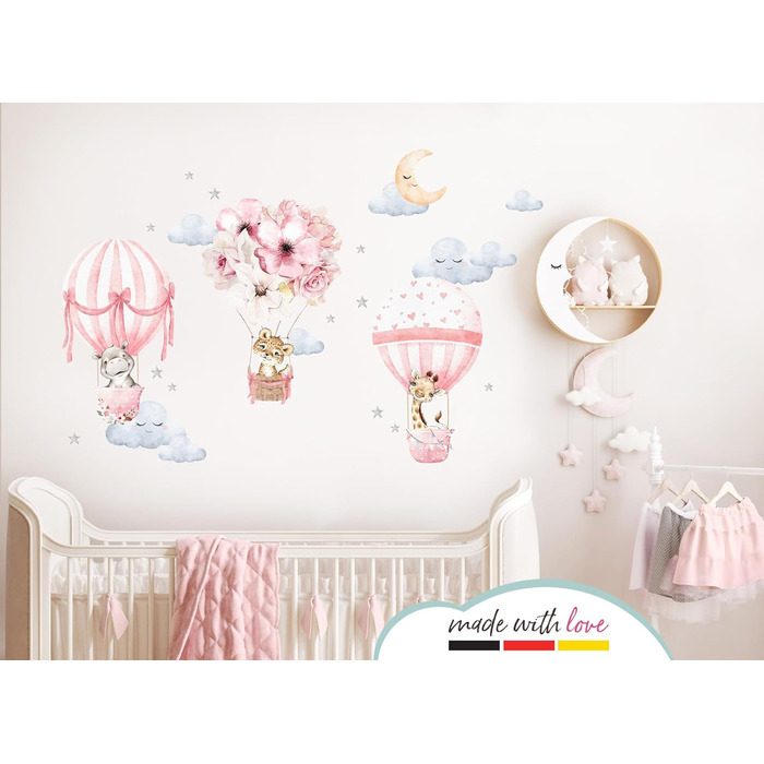 Настінний набір наклейок Little Deco для дитячої кімнати – тварини, повітряна куля, квіти, декор для стін, кімнати для дівчаток, DL658-4, розмір М (79x51 см)