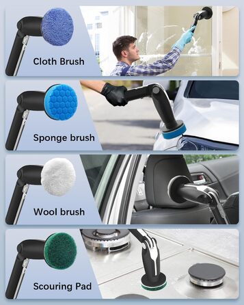 Електрична щітка для прибирання Leebein Spin Scrubber 2023, 8 насадок, регульована ручка 37-130 см, 2 швидкості, для ванної, кухні, авто, чорна