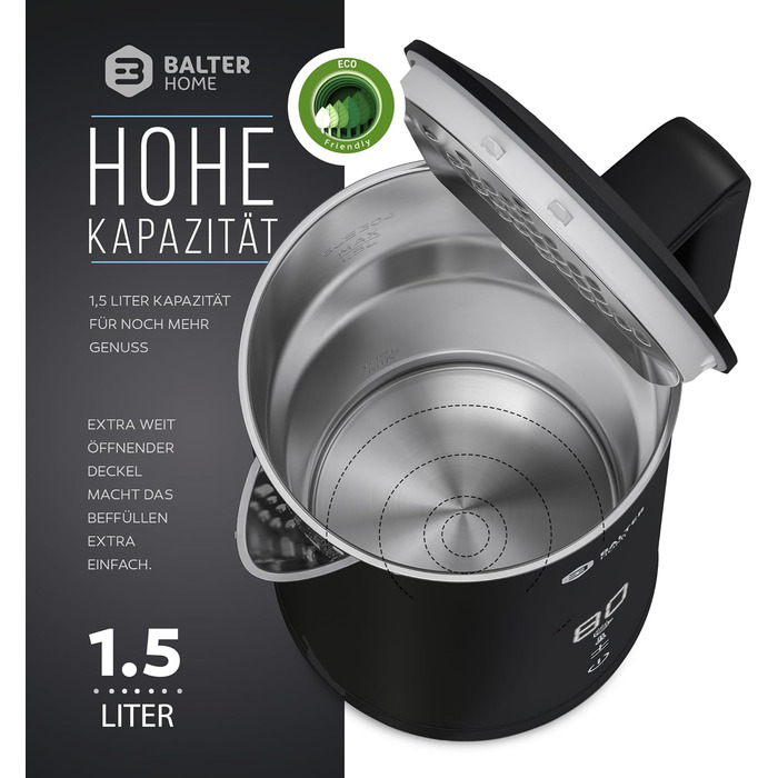 Електрочайник Balter з нержавіючої сталі, регулювання температури 40-100°C, подвійні стінки, BPA Free, 1,7 л, чорний, WK-5-Touch (5 температурних режимів, LCD-дисплей)