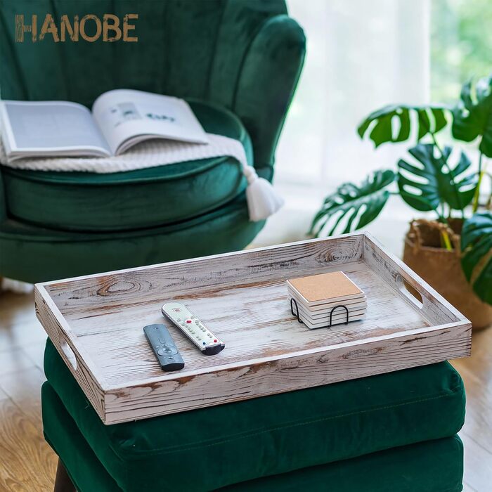 Декоративний дерев'яний піднос Hanobe XXL 55x40 см, білий, з ручками, для сервірування та декору вітальні, кухні, у стилі кантрі
