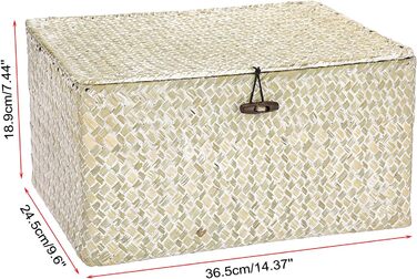 Плетений кошик для зберігання з кришкою з морської трави 36x24x18 см, прямокутний органайзер для ванної, декору та полиці, колір білений