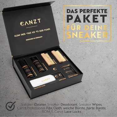 Преміум набір для чищення кросівок Canzt Black Box – для замші, нубуку, шкіри та текстилю, з засобом для взуття, серветкою, щітками, вологими серветками та дезодорантом