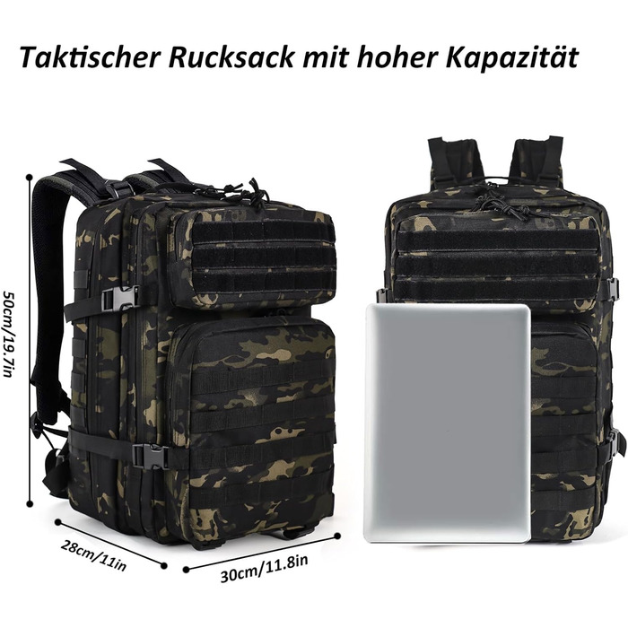Тактичний рюкзак 45 л для подорожей, військовий рюкзак для outdoor, туристичний рюкзак з липучкою, Bundeswehr, для пригод (світло-чорний)