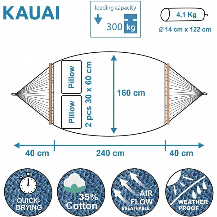 yourGEAR Kauai XXL гамак із 2 подушками, 240x160 см, бавовна, для 2 осіб, до 300 кг, TÜV, з кріпленням, аква-синій