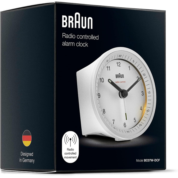 Класичний аналоговий радіобудильник Braun BC07W-DCF для Центральної Європи (MEZ/GMT+1), з підсвічуванням, функцією відкладення, тихим механізмом та наростаючим сигналом, білий