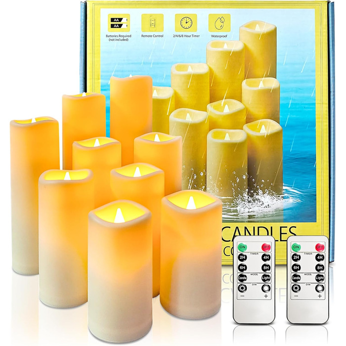 Світлодіодні безпечні свічки Candlesee, набір з 9 шт., водонепроникні, на батарейках, з ефектом мерехтіння та таймером, з пультом ДУ для балконів, ліхтарів, дому, весільного декору