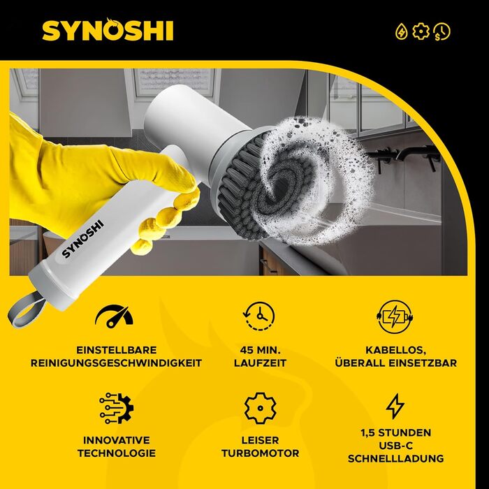 Електрична щітка для прибирання SYNOSHI Power Spin Scrubber з 3 змінними насадками, 2 швидкості, для ванної, душу та плитки