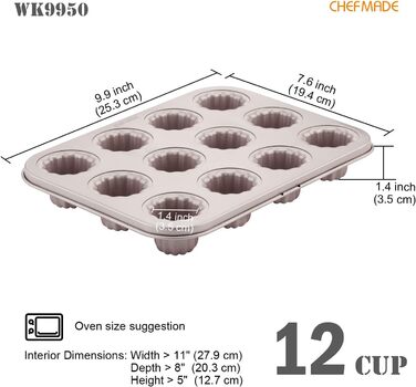 Форма для випікання CHEFMADE, міні канеле, антипригарна, 12 отворів, для кексів і мафінів, шампань золото