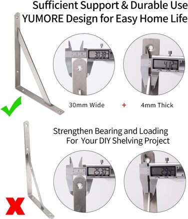 YUMORE Кронштейн для полиць 350x250 мм, нержавіюча сталь, настінний, вантажопідйомність 200 кг, 2 шт. – кріплення для полиць, столів, лавок