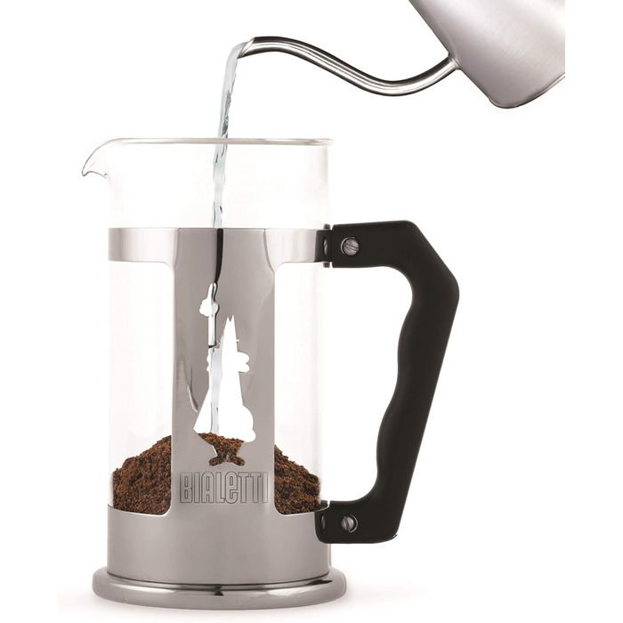Френч-прес Bialetti Preziosa, 600 мл, нержавіюча сталь і боросилікатне скло, для кави та чаю, сріблястий, 1 л, 8 чашок, можна мити в посудомийній машині