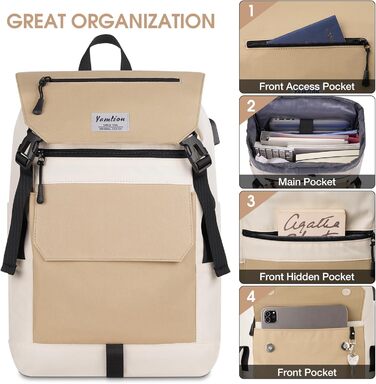 Міський рюкзак YAMTION Rolltop 17 дюймів для ноутбука, універсальний для жінок і чоловіків, підходить для школи, університету, спорту, прогулянок, велосипеду, підлітків, колір кремовий