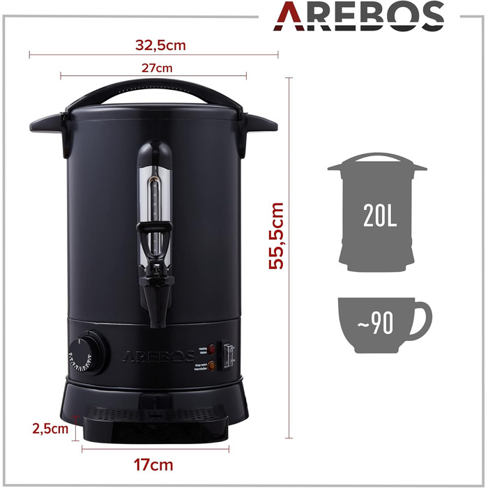 Електричний нагрівач для глінтвейну AREBOS 20 л, 1650 Вт, диспенсер для гарячих напоїв з термостатом, захистом від перегріву, чорний