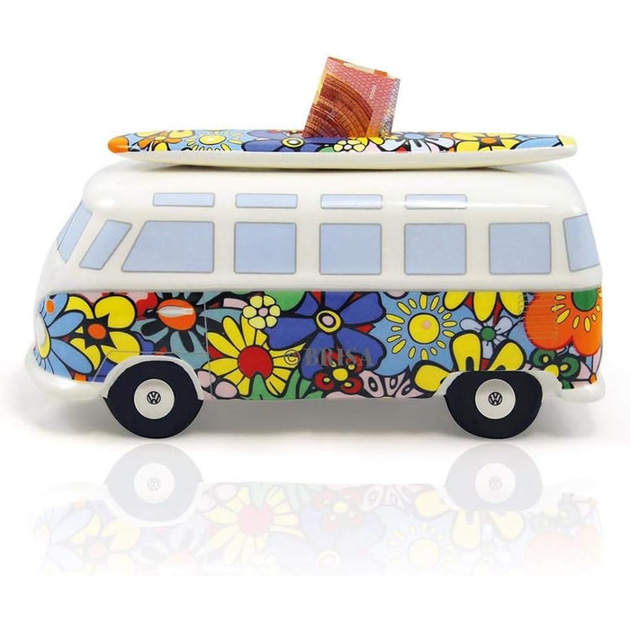 Скарбничка BRISA VW у формі свині з серфбордом, дизайн автобуса Volkswagen T1 Samba, Flower Power, кольорова