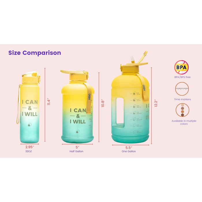 Пляшка для води H2O Capsule INSPO з часовою міткою і трубочкою, мотиваційна, герметична, харчовий пластик, з ручкою та ремінцем, колір Свіжа Авокадо, об’єм 1 галон