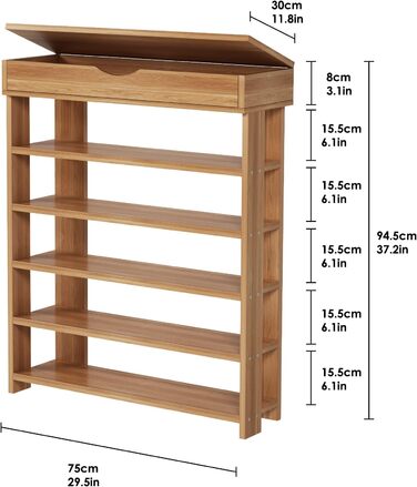 Soges 5-рівнева полиця для взуття з дерева, 75 x 30 x 94,5 см, тика, взуттєва шафа для вітальні, передпокою, коридору