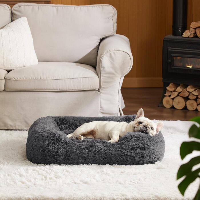 Ліжко для собак BEDSURE середнє 76x61x18 см, м'яке, квадратне, з бортиками, протиковзке дно, для середніх порід, сіре, що переться