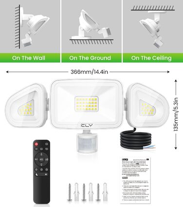 CLY LED прожектор 42 Вт з датчиком руху та пультом, 3600 Лм, 6500K, триголовий, вуличний, IP66, для гаража і тераси
