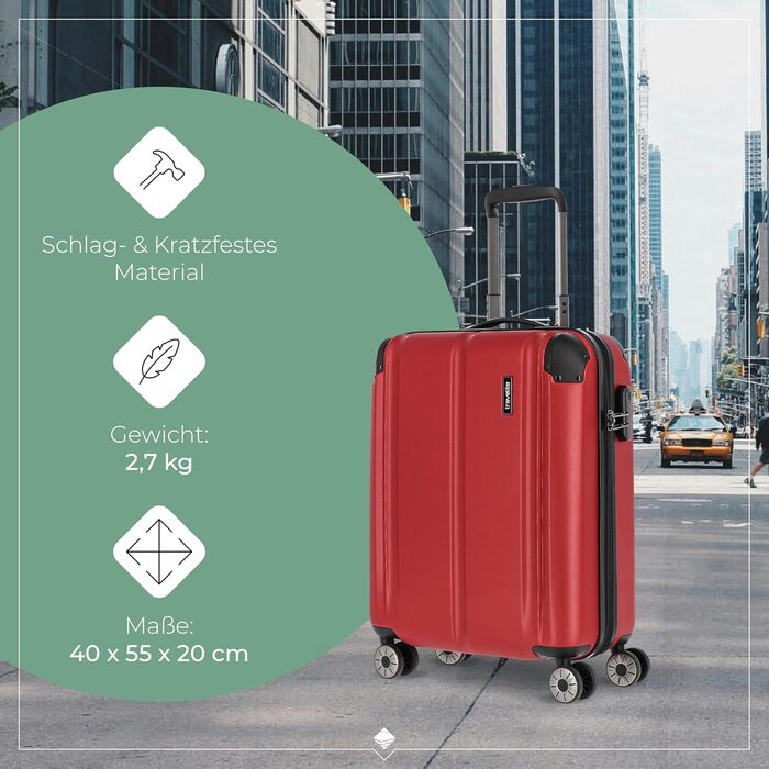 Жорсткий валізний тролей Travelite City 55 см, 40-45 л, 4 колеса, бордовий, з розширенням і функцією надівання на ручку, ручна поклажа, стійкий до подряпин