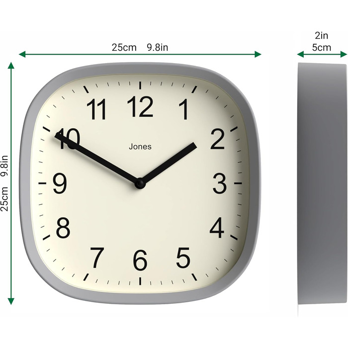Квадратний ретро настінний годинник JONES CLOCKS Sprite з акрилу, м'ятний 25x25x5 см, сірий