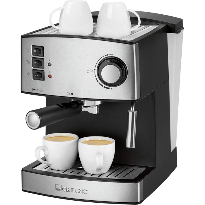 Еспресо-кавоварка Clatronic ES 3643, 15 бар, 1,6 л, 850 Вт, з нержавіючої сталі, парова насадка, знімний резервуар