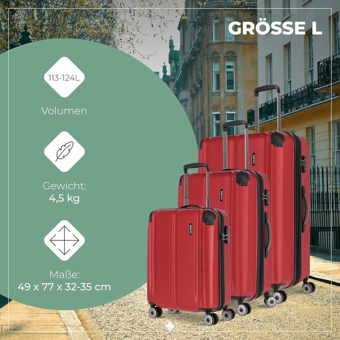 Дорожній валізний чемодан Travelite City 55 см, 40-45 л, жорсткий корпус, 4 колеса, для ручної поклажі, з розширенням і функцією насадки, червоний, захист від подряпин