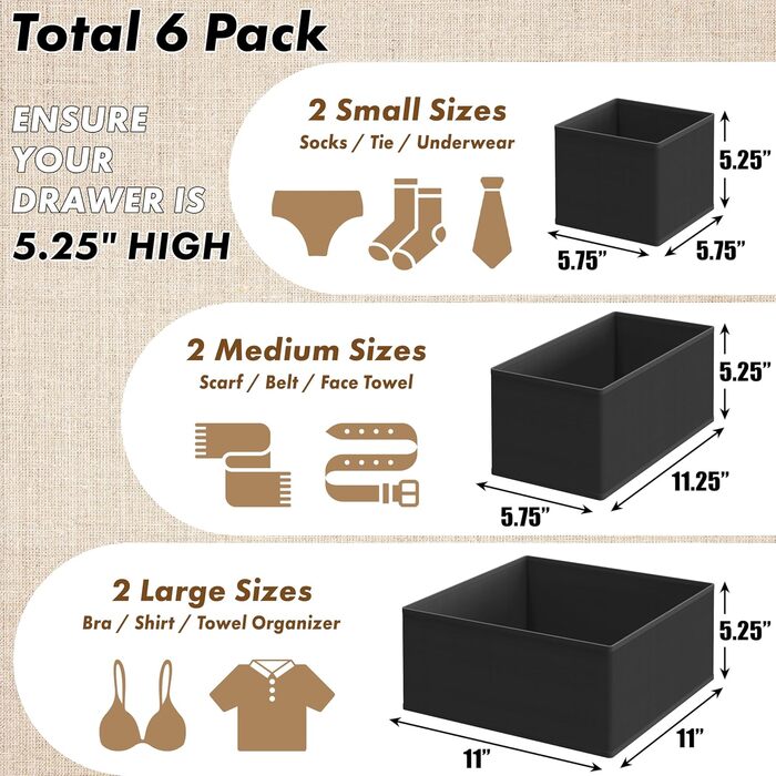 Органайзер для білизни та одягу Simple Houseware, складаний, 12 шт (чорний, розміри L/M/S)