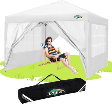 Складаний павільйон COBIZI 3x3 м, водонепроникний, з 4 стінками, UV-захист 50+, для саду, вечірок, ринку, білий, з сумкою