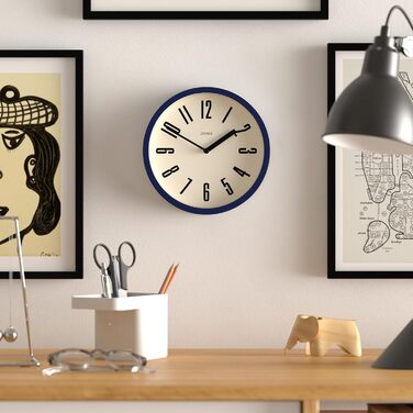 Настінний годинник JONES CLOCKS Retro 20 см, синій, великі цифри, для кухні, офісу, дитячої кімнати, ванної, водостійкий